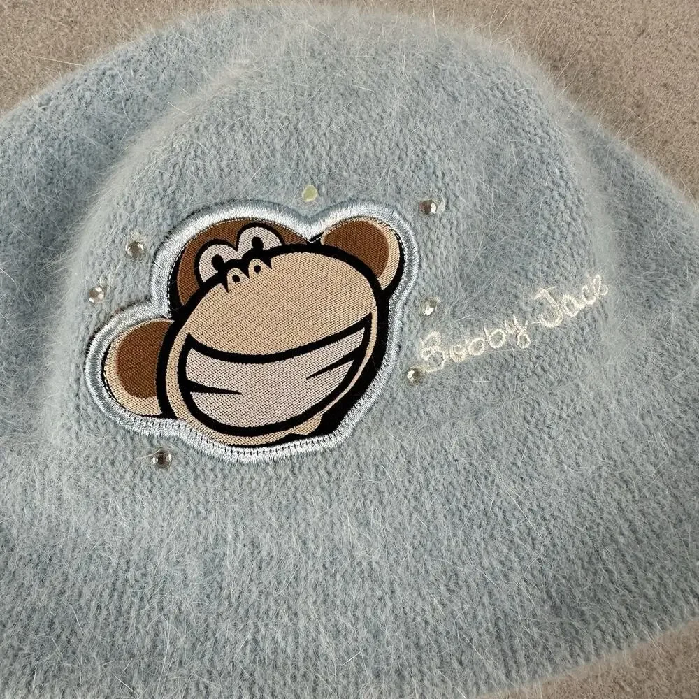Y2K Bobby Jack Girls Fuzzy Angora Beanie Hat Blue‎ Monkey Embroidered Knit Retro
